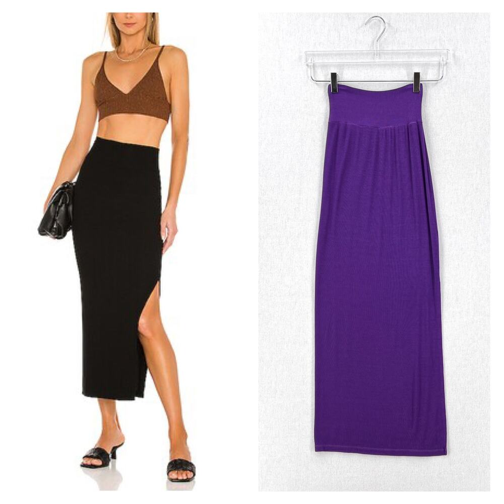 ENZA COSTA Silk Rib Midi Pencil Skirt Womens Small Purple High Rise Pull On NEW